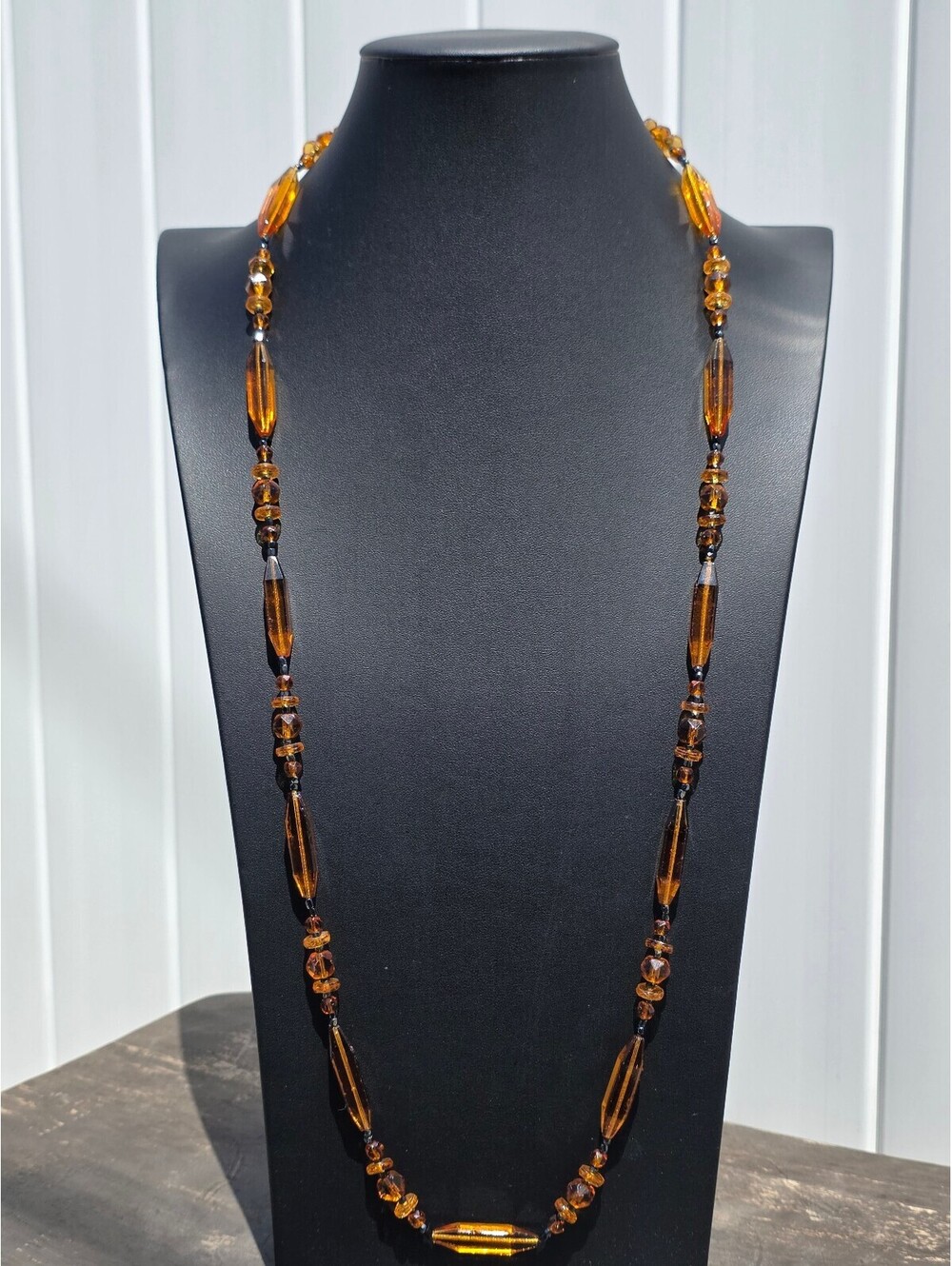 Antique Amber Glass Art Deco Necklace, Faceted Torpedo Beads, Flapper Length 34"